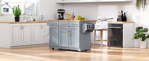 English Elm K&K Vintage Kitchen Island with Rubberwood Top, Hidden Wheels, Pull-Out Trash & Charging Station Grey+Blue N707P299014G