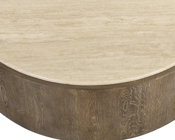 Sunpan Oberon Coffee Table – Handcrafted Round Design with Solid Travertine Top and Oak Veneer Base Small - W x 48D x 16.25H