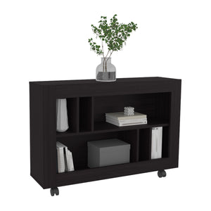 English Elm Joge versatile 37.4" console table cart with six staggered shelves, casters, sleek modern storage solution for entryway and living room Black 42.9 L x 16.5 W x 5.5 H B200P286951