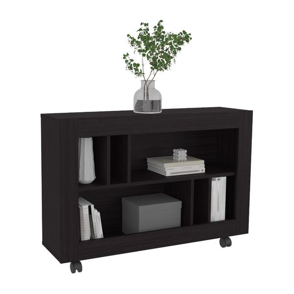 English Elm Joge versatile 37.4" console table cart with six staggered shelves, casters, sleek modern storage solution for entryway and living room Black 42.9 L x 16.5 W x 5.5 H B200P286951