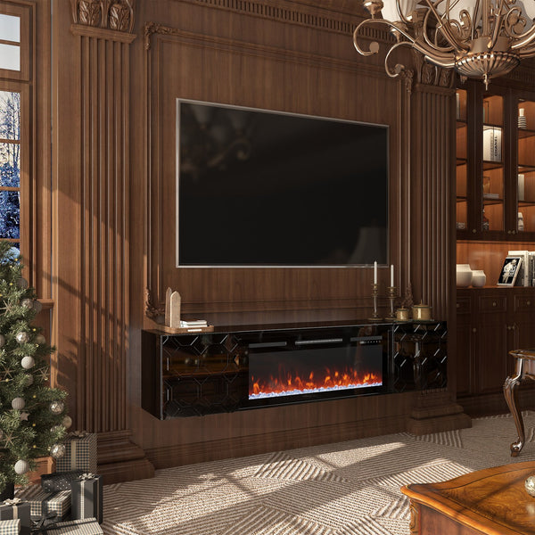 English Elm 67 in. Black Media TV Stand with High Gloss Honeycomb Doors, Gold Handles, Modern Storage Elegance T3609P347458