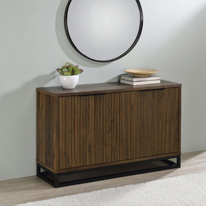 English Elm Thurston Dark Pine 4-Door Engineered Wood Accent Cabinet with Fluted Doors, Open Metal Base, Rustic Storage B062P375527