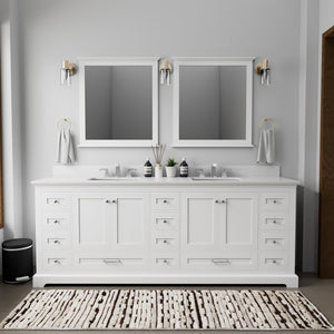 English Elm White 84" Double Bath Vanity with White Quartz Top, Soft-Close Drawers, 14-Drawer Storage & Mirrors B2731S00823