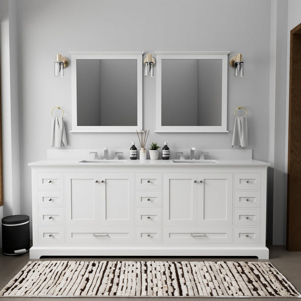 English Elm White 84" Double Bath Vanity with White Quartz Top, Soft-Close Drawers, 14-Drawer Storage & Mirrors B2731S00823