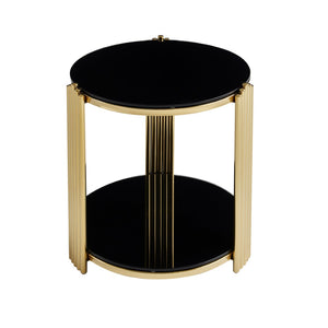 English Elm 16.9inch Round End Table Dual Tier Black Tempered Glass Gold Steel Frame Modern Accent W3357P395504