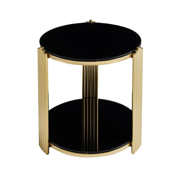English Elm 16.9inch Round End Table Dual Tier Black Tempered Glass Gold Steel Frame Modern Accent W3357P395504