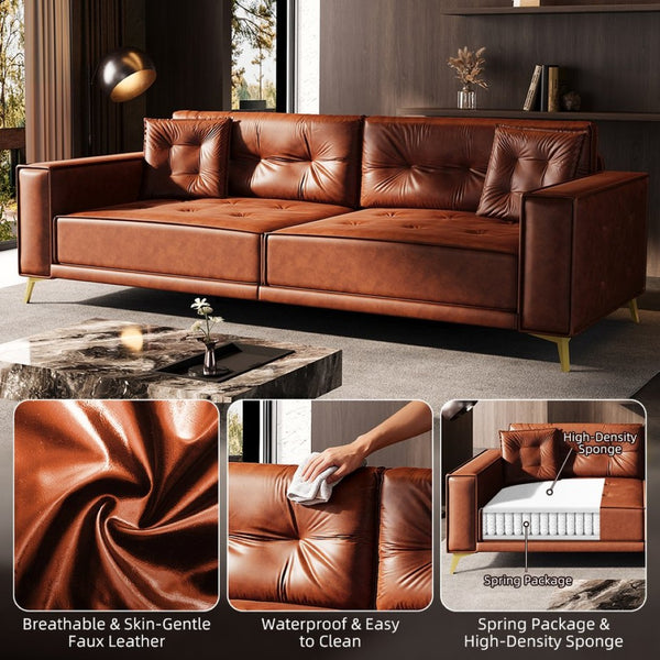 English Elm 92.1"king Faux Leather Convertible Sleeper Sofa Tufted 4 Seat Pull Out Living Room Couch Light Brown W1885S00408