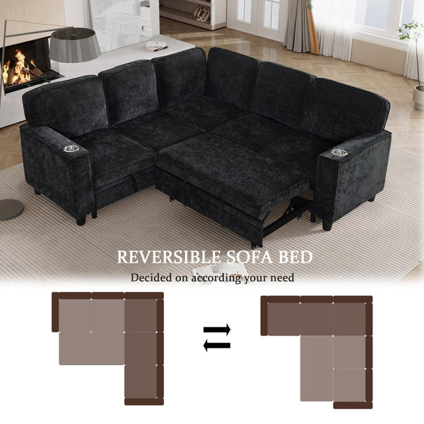 English Elm L-Shaped Sofa with Pull-Out Bed and Storage, 5-Seat Sectional with USB, Cup Holders, Cozy Chenille Charcoal grey W1998S00061