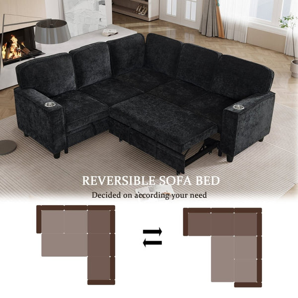 English Elm L-shaped Chenille Sectional Sleeper Sofa with Storage and Usb Charging Ports Charcoal Grey W1998S00088