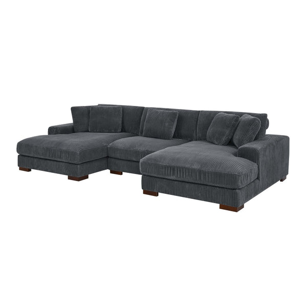 English Elm Large Corduroy Double Chaise Sectional Sofa with Lumbar Support for Spacious Living Rooms Dark Gray B2748S00014