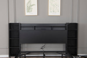 English Elm King Platform Bed with Led Lighting Storage Headboard and Usb Charging Metal Frame W1670S00038