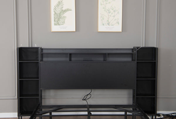 English Elm King Platform Bed with Led Lighting Storage Headboard and Usb Charging Metal Frame W1670S00038
