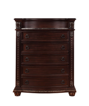 English Elm 1pc Marble Top Five Drawers Tall Chest with Intricate Moldings, Curved Silhouette & Antiqued Hardware Brown,Cherry 48 L x 23.5 W x 58.25 H B2741P366083