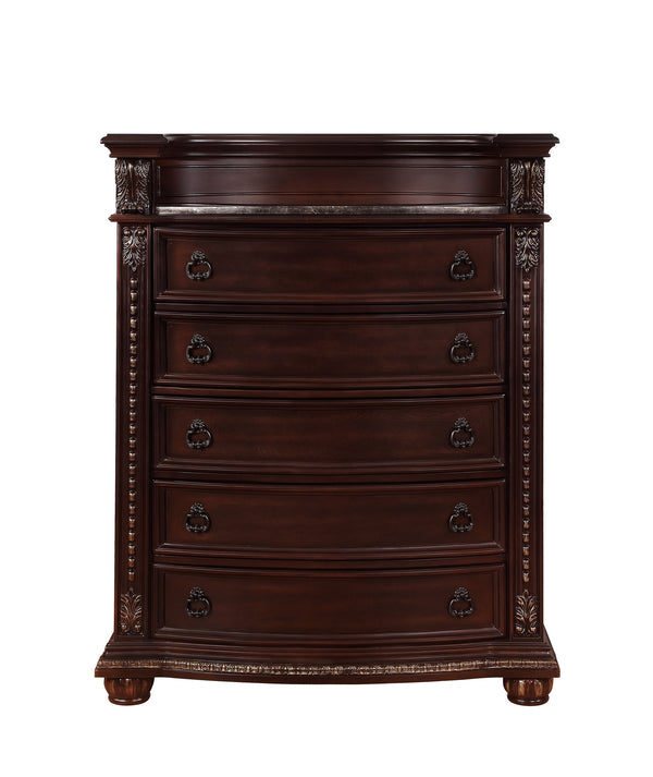 English Elm 1pc Marble Top Five Drawers Tall Chest with Intricate Moldings, Curved Silhouette & Antiqued Hardware Brown,Cherry 48 L x 23.5 W x 58.25 H B2741P366083