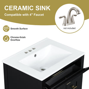 English Elm "24'' 24 Inch Glossy Freestanding Bathroom Vanity with Gold Hardware and Soft Close Storage Black Rubberwood N725P448529B