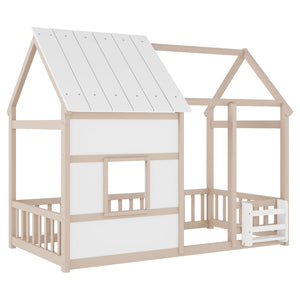 English Elm Twin House Frame Floor Bed Pinewood Build with Led Roofline Kids Bedroom Cream,White W697P435884