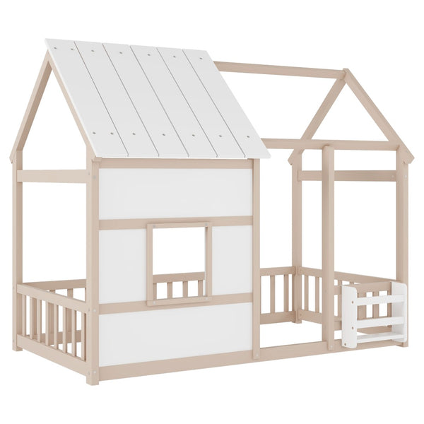 English Elm Twin House Frame Floor Bed Pinewood Build with Led Roofline Kids Bedroom Cream,White W697P435884