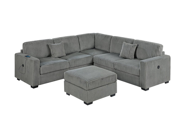 English Elm Living L-Shaped Sectional Sofa Set with Reversible Chaise, Tufted Burlap Fabric, Storage Ottoman, USB Port Smoke 40 L x 26 W x 58 H B011S01782