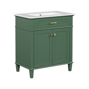 English Elm 30-inch bathroom vanity with ceramic basin, solid wood frame, soft-close doors and adjustable shelves for organized style and lasting durability Green N729P173380F