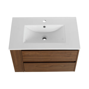 English Elm 30" Wall Mount Bathroom Vanity With Ceramic Sink & Soft-Close Drawers For Modern Storage Solutions W999S00207