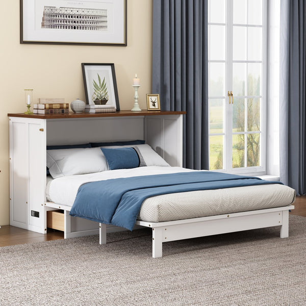 English Elm Solid Pine Murphy Bed Chest with Built-In Charging Station, Large Storage Drawer, Space-Saving Design White+Walnut 59.06 L x 24.8 W x 5.31 H BS701P176340K