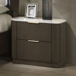 English Elm Contemporary Dark Walnut Nightstand with Marble Top Reeded Plinth Base Bedroom Storage B2741P430422