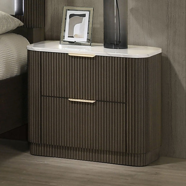 English Elm Contemporary Dark Walnut Nightstand with Marble Top Reeded Plinth Base Bedroom Storage B2741P430422