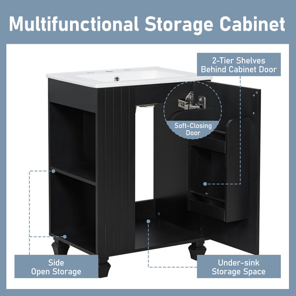 English Elm Christopher Knight Home® - 24" Retro Bathroom Vanity with Ceramic Sink, Solid Wood Frame, Soft-Close Door, Ample Storage Black N759P293645B