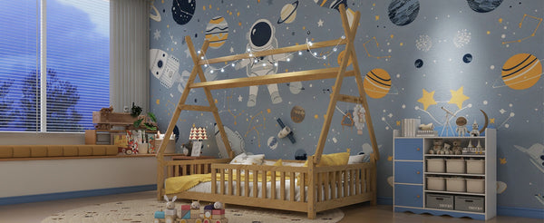 English Elm Twin Montessori Floor Bed House Frame with Led Lighting and Safety Rails for Kids Natural W2593P440573