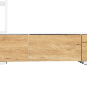 English Elm ON-TREND Extendable TV Stand 74.8"-126" with 3-Tier Shelves, Sliding Tabletop & Cabinets for Organized Living Room White WF531669AAK