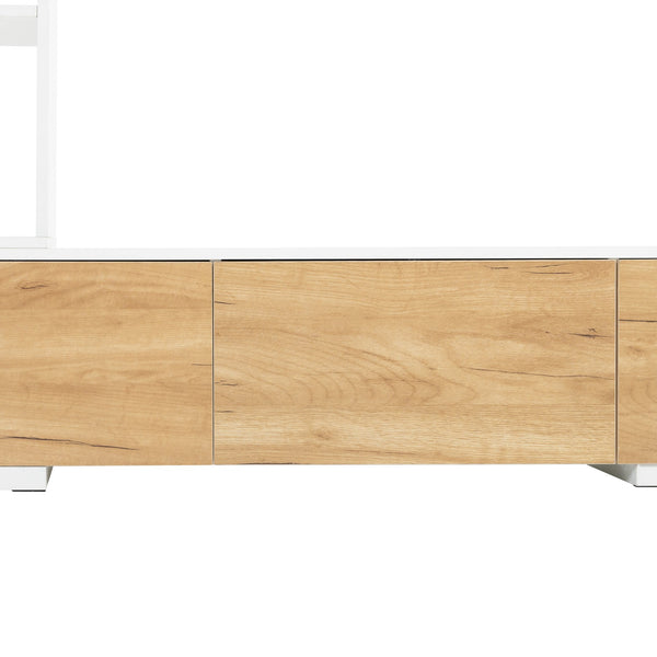 English Elm ON-TREND Extendable TV Stand 74.8"-126" with 3-Tier Shelves, Sliding Tabletop & Cabinets for Organized Living Room White WF531669AAK