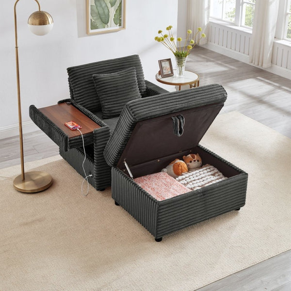 English Elm Comfortable Chenille Chaise Lounge Chair with Usb Port Hidden Storage Ottoman W3705P476389