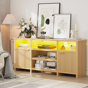 English Elm Highboy Media Console with Led Lighting Fluted Panels and Storage for Living Room T3773P416497