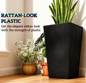 English Elm Outdoor Tall Rattan Style Column Planters Set of 3 Uv Resistant Pp with Drainage T3971P423354