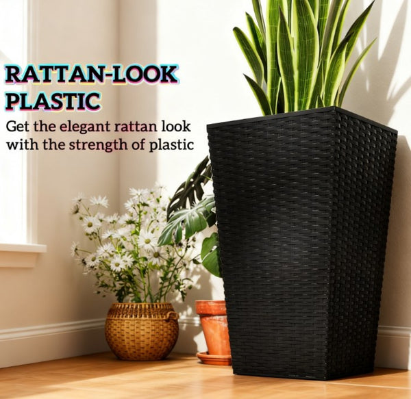 English Elm Outdoor Tall Rattan Style Column Planters Set of 3 Uv Resistant Pp with Drainage T3971P423354