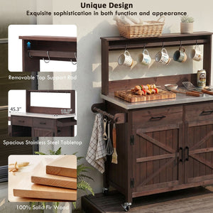 English Elm K&k Solid Fir Grill Cart Stainless Steel Top Outdoor Kitchen Station with Locking Wheels Brown N707P409087Z