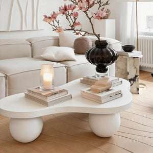 English Elm 46 Inch Cloud Shaped Coffee Table with Ash Veneer Top and Sculptural Sphere Legs White W3935S00007