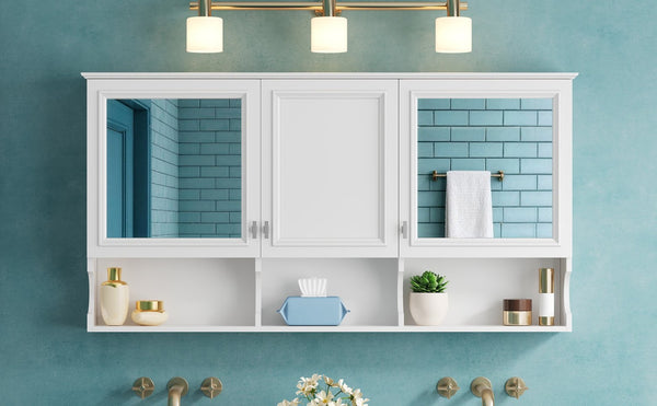 English Elm 55 Inch Wall Mount Medicine Cabinet Dual Mirrored Doors Soft Close Bathroom Vanity Storage N710P401337K