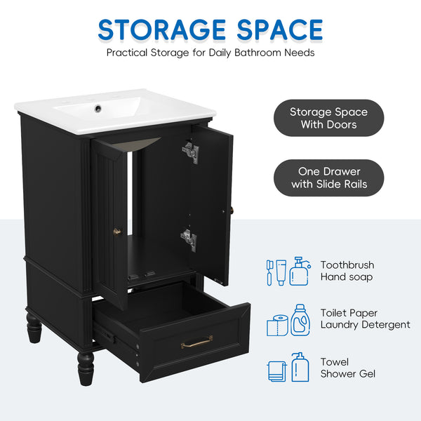 English Elm 20" Bathroom Vanity with Sink Modern MDF Cabinet with Ceramic Top, Drawer, Magnetic Door Stopper Black N725P195132B