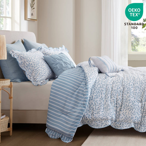 English Elm 5-piece Queen Microfiber Comforter Set Soft Printed Bedding with Decorative Pillows Blue B035P482938