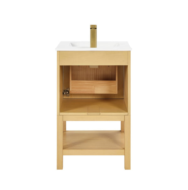 English Elm 20 Inch Ash Wood Bathroom Vanity Pre-assembled with Ceramic Basin and Adjustable Storage W2316P380501