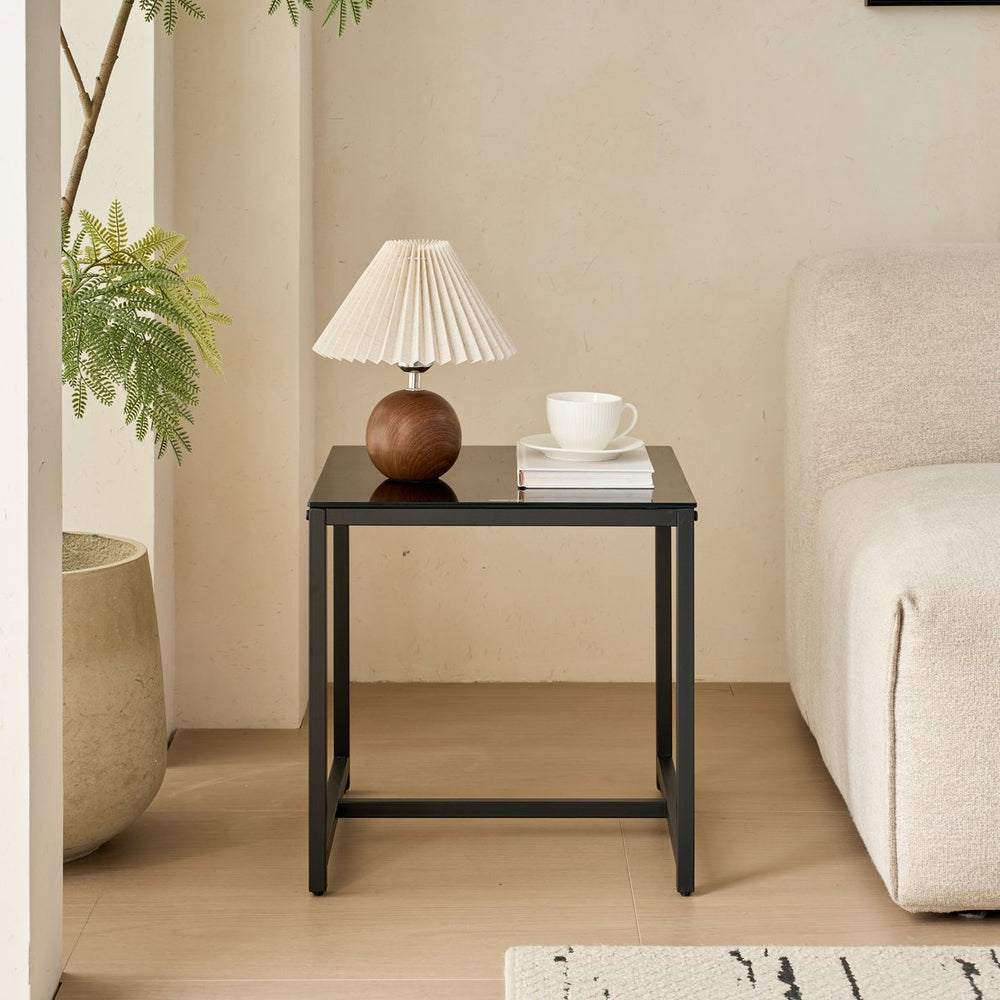 English Elm 2 Glass Side Table with Tempered Top and Metal Legs — Durable Waterproof End Table for Living Room, Patio Black W1718P362694
