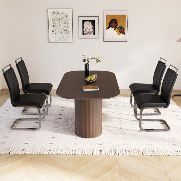 English Elm 63 Inch Mdf Dining Table Set with Four Pu Leather Chairs Silver Metal Legs Modern Brown+Black W2189S00885