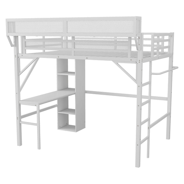 English Elm Ful Full-over-Twin Metal Bunk Bed with Desk, Bookshelves, LED Lighting & USB Charging Station, White W2580S00041