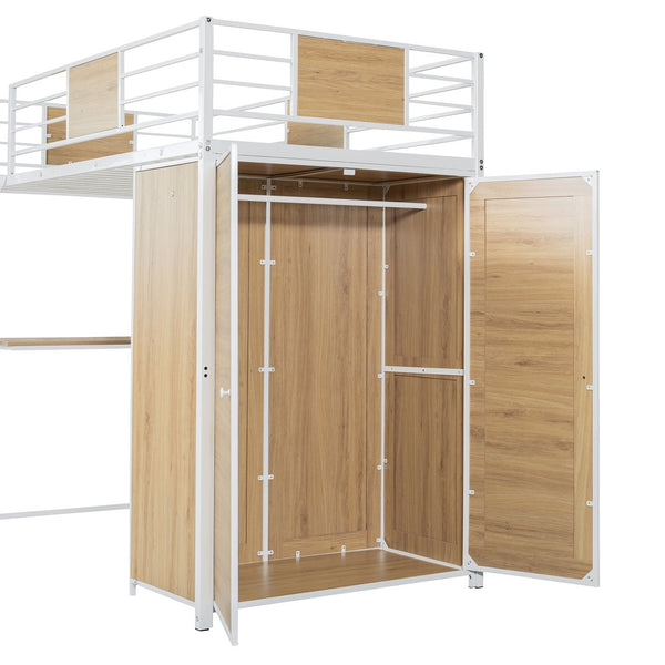 English Elm Twin Loft Bed with L-Shaped Desk and Wardrobe — Space-Saving Iron & Wood Design for Study & Storage White SF000168AAK