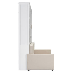 English Elm Queen Murphy Bed with Linen Cushion Sofa Folds Flat for Studio or Guest Room White LP000891AAK-1