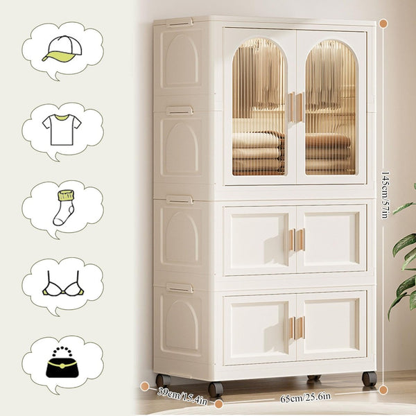English Elm 25.59" Folding Wardrobe Cabinet on Wheels with Magnetic Door and Hanging Rod Storage W2873P207533