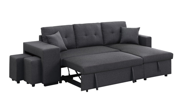 English Elm Dino Linen Tufted Sleeper Sectional with Reversible Chaise Storage and Two Ottomans Dark Gray B2749S00201