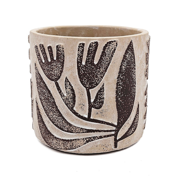 English Elm Set of 4 Earthy Gray Sand & Cement Planters with Brown Botanical Motifs, Modern Succulent Display W2078P334762