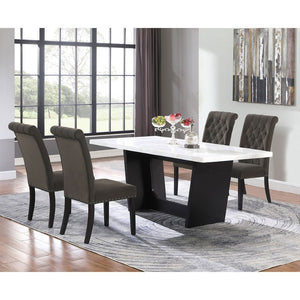 English Elm Yorba Marble Top Trestle Dining Set with Tufted Velvet Chairs for Modern Spaces B062S01667